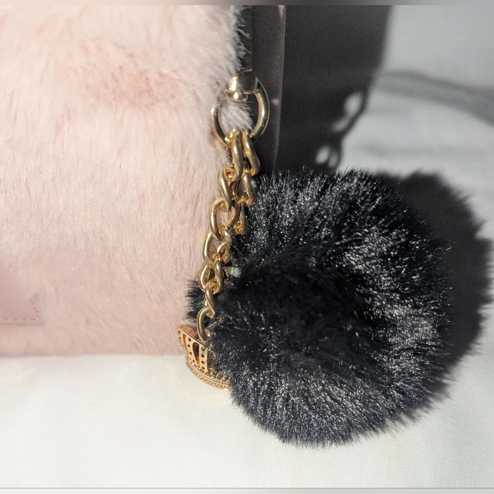 Juicy Couture Pink Faux Fur Crossbody Bag with Crown Emblem And Pom Pom Keychain